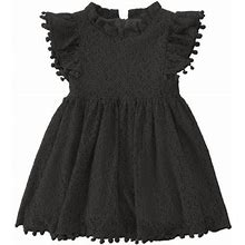 Jnklwpjs Toddler Girls Hollow Lace Pom Pom Flutter Sleeve Princess Party Dress Black 80cm
