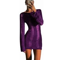 Calsunbaby Women Backless Mini Dress Crochet Knit Hollow Out Sundress Long Sleeve Drawstring Tie Up Dress Clubwear Purple L