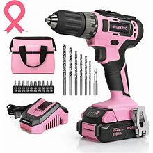 Workpro 20V Pink Cordless Drill Driver Set, 3/8 Keyless Chuck, 2.0 Ah Li-Ion Battery, 1 Hour Fast Charger And 11-Inch Storage Bag Included