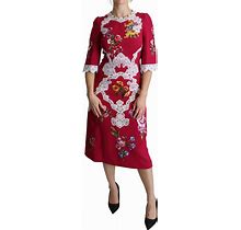 Dolce&Gabbana Women Red Dress Floral Embroidered Midi Sheath Bodycon Wrap IT 42