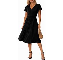 GRECERELLE Spring Summer Dress For Women Casual Ruffle Short/Long Sleeve Wrap V-Neck Dress With Pockets