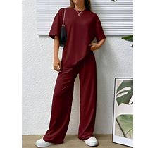 Casual Comfortable Solid Color T-Shirt And Pants Set,M