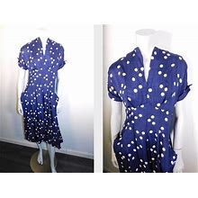 Vintage 40S 50S Slub Textured Polka Dot Dress W Big Pockets