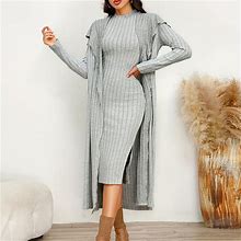 Solid Color Ruffle Trim Dress Set, Women's Ribbed Crew Neck Sleeveless Outfits Women's Clothing Cardigan,Light Grey,All-New,By Temu