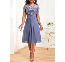 Rosewe Grey Wedding Guest Dress Midi Mother Of The Bride Dress Lace Patchwork Dusty Blue Boat Neck Dress - L