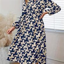 Print Notched Dress, Women's Neck Dress Spring Fall Women's Clothing Casual Long Sleeve Dress,Navy Blue,Reliable,Temu