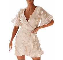 Womens Summer Dresses Bell Short Sleeve Wrap V Neck Mini Dress Fashion Ruffle Belted Swiss Dot Short Beach Sun Dress
