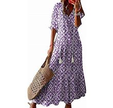 Mawclos Women Half Sleeve Summer Beach Sundress Layered Travel Long Dress V Neck Bohemian Party Maxi Dresses Violet M