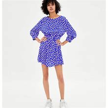 Zara Dresses | Zara Blue Short Dress W/ White Polka Dots Nwt | Color: Blue/White | Size: L