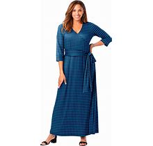 Plus Size Women's Stretch Knit Faux Wrap Maxi Dress By The London Collection In Deep Teal Houndstooth (Size 32 W)
