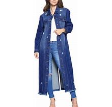 Women's Classic Distressed Cotton Denim Button Up Oversized Long Jean Jacket (Dark Blue, M)