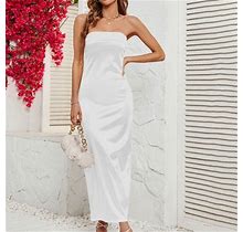 Lolmot Women Summer Satin Strapless Formal Dress Sexy Backless Bodycon Wedding Cocktail Party Maxi Dress Solid Color Chest Wrapped Sexy Evening Dress