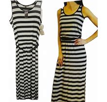 Fever Womens Dress Large Black Gray Maxi Sleeveless Long Striped