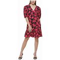 Calvin Klein Womens Black Zippered Faux-Button Front Tiered Hem Floral Elbow Sleeve V Neck Above The Knee Wear To Work Fit + Flare Dress 10