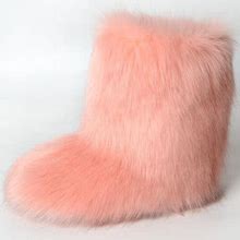 Women Faux Fur Winter Mid Calf Flat Snow Boots, Pink / US11