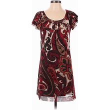 Calvin Klein Casual Dress - Shift Scoop Neck Short Sleeves: Red Paisley Dresses - Women's Size 4 Petite - Print Wash