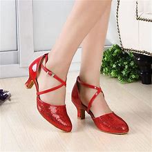 Women's Ballroom Dance Shoes Modern Shoes Performance Training Stage Heel Flared Heel Black Silver Red