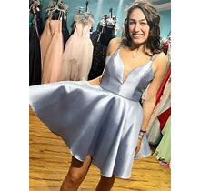 Silver V-Neck Beaded Satin Short Homecoming Party Dresses With Straps