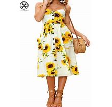 Luxtrada Women's Dresses-Summer Floral Bohemian Spaghetti Strap Button Down Swing Midi Dress With Pockets (Yellow,L)