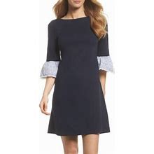 Eliza J Dresses | Eliza J Navy Fit And Flare Midi Dress With Embroidered Bell Sleeves | Color: Blue/White | Size: 0