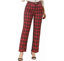 Women's Plaid Elastic Waist Button Zipper Straight Leg Long Pants, Size: XS, Dark Red
