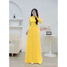 Ao Dai Lua Gam | Yellow Daisy Pattern Pre Made Ao Dai Vietnam| Women Long Dress|| Vietnamese Long Dress|