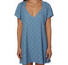 Short-Sleeve Patterned Shift Dress, Womens, Juniors, S, Caribbean Blue