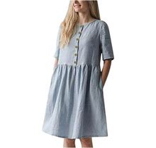 Casual Dresses For Women Half Sleeve Vintage Cotton Linen Dress Button Down Baggy Knee Length Dress With Pockets