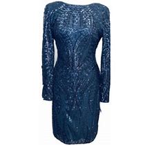Camille La Vie Blue Sequin Deep V Back Long Sleeve Dress 10