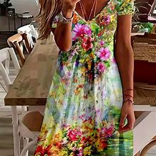 Floral Print Dress, Casual V Neck Short Sleeve Midi Dress, Women's Clothing,Multicolor,Reliable,By Temu