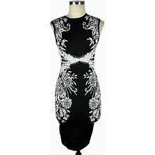 KAREN MILLEN Black White Floral Cocktail Dress Stretch Knit Bodycon Size 2 Glam