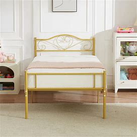 Twin Bed Frame, Gold Platform Bed No Box Spring Needed, Heavy Duty Steel Slats Support Bed