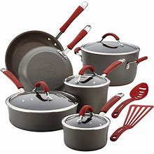 Rachael Ray Cucina Hard Anodized Nonstick Cookware Pots And Pans Set, 12 Piece, Gray With Red Handles