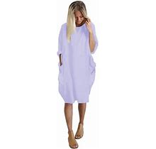 Haxmnou Womens Dresses Pocket Loose Dress Round Neck Casual Knee Length Dress Casual Dresses For Women Blue XL