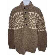 Carraig Donn Irish Wool Fisherman Chunky Button Fair Isle Sweater Tan Men Large