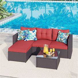 Outdoor 5-Piece Rattan Wicker Patio Conversation Set L-Shaped Sectional Sofa Set With Cushion - Red