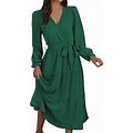 Hfolob Dresses For Women Autumn Women Long Sleeve Solid Color V Neck Casual Dress Swing Party Dress With Belt Party Dress