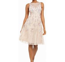 Adrianna Papell Dresses | Nwt Adrianna Papell Bead Tea Length Dress Sequined Illusion Midi Sz 4 | Color: Cream/Pink | Size: 4