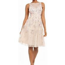 Adrianna Papell Dresses | Nwt Adrianna Papell Bead Tea Length Dress Sequined Illusion Midi Sz 4 | Color: Cream/Pink | Size: 4