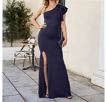 Finelylove Casual Dresses Petite Maxi Dresses One Shoulder Solid Sleeveless Jacket Dress Navy