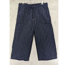Athleta Crop Pants Women 12 Blue Stripe Bali Linen Wide Leg Pockets