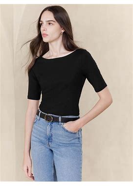 Women's Soft Stretch Elbow-Sleeve Top Black Regular Size S