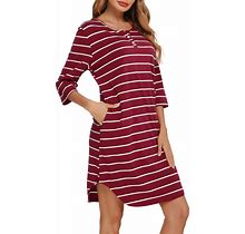 Vlazom Womens Nightgowns Soft Cotton Stripe Nightdress Short Sleeve Night Shirt Sleepwear With Pockets S-XXL