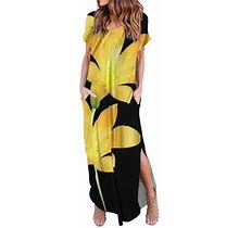 Nsendm Slip Dresses For Women Summer Women Summer Dress V Neck Print Maxi Dress Long Loose Pockets Cotton Knit Dress Women Dress Yellow Large