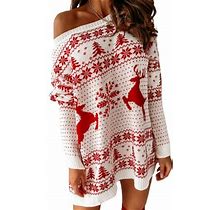 Sunisery Women Christmas Sweater Dress Long Sleeve Off Shoulder Kniteed Casual Pullover Oversized Jumper