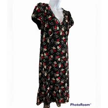 Loft Dresses | Ann Taylor Loft Red Black Floral V Neck Flowy Ruffle Hem Lbd Dress Sz 10 | Color: Black/Red | Size: 10