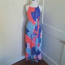Anthropologie Dresses | Hpnwt Anthropologie Multicolor Abstract Floral Pleat Maxi Dress W/ Bowtie M | Color: Blue/Pink | Size: M