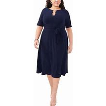 Msk Women's Plus Size Short Sleeve 3 Ring Solid Tie Front Midi Dress, Navy Blue