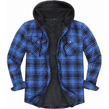 Men's Sherpa Lined Full Zip Up Plaid Flannel Hooded Jacket, Blue / S