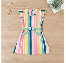 Sbyojlpb Toddler Baby Girls Outfits Color Stripes Color Contrast Ruffle Stitching Dress Clearance Multicolor 90
